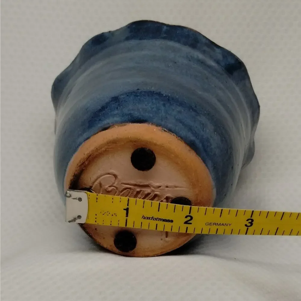 Studio Pottery Planter Blue Glaze Scalloped Edge Footed Hand Thrown Signed 5-In